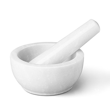 Flexzion Marble Mortar and Pestle Set - Solid Granite Stone Grinder Bowl Holder 5.5 Inch For Guacamole, Herbs, Spices, Garlic, Kitchen, Cooking, Medicine (White)