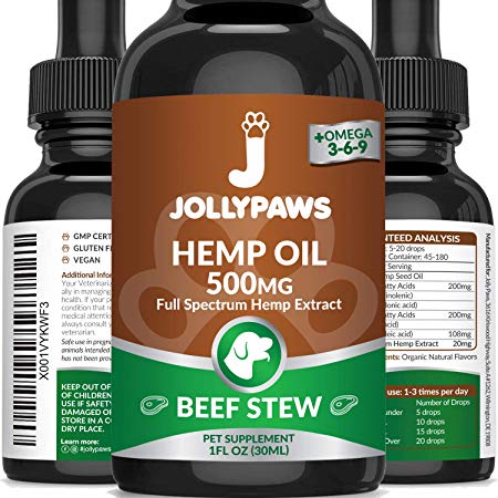 Jollypaws Hemp Oil for Dogs and Cats - (500 MG) - All Natural Pain Relief, Stress & Anxiety Support, Full Spectrum Hemp Oil - Beef Stew Flavor - Made in USA