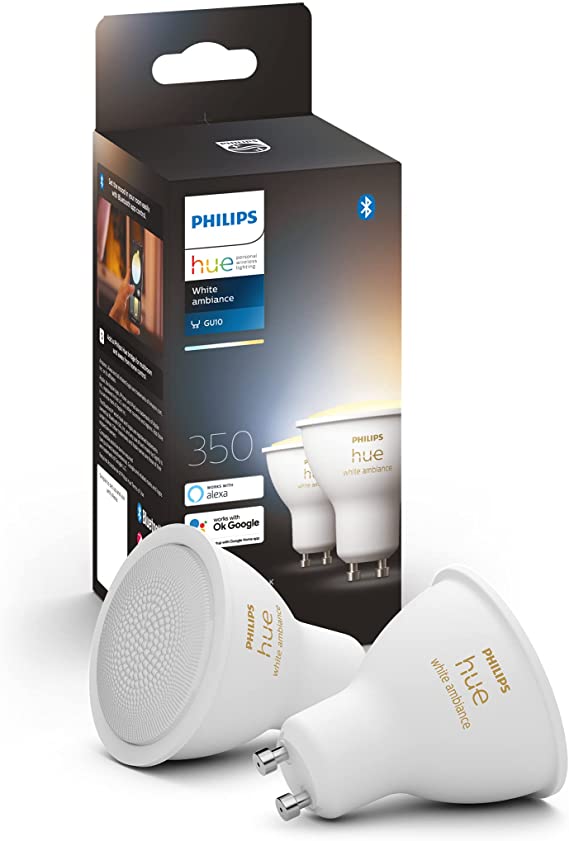 Philips Hue NEW White Ambiance Smart Light Bulb 2 Pack [GU10 Spot] With Bluetooth. Works with Alexa, Google Assistant and Apple Homekit.