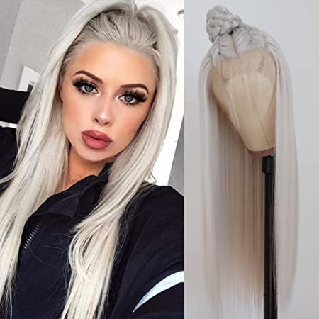 Aubree 13x6 Platinum Blonde Synthetic Lace Front Wigs for Women Long Straight Wigs Pre Plucked 60# Color Heat Resistant Fiber Lace Front Wig