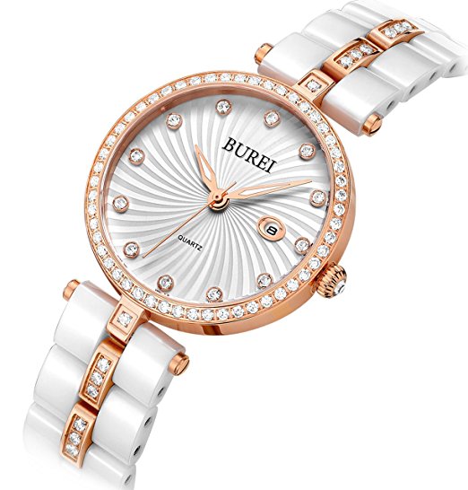 BUREI Women's Elegant Rose Gold Watches Precise Quartz Wristwatch White Ceramic Bracelet