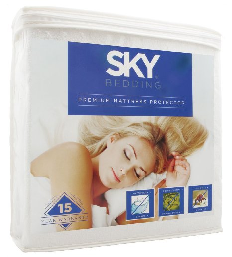 Sky Bedding Mattress Protector - Premium Terry Cotton Mattress Cover - 100 Waterproof Hypoallergenic and Breathable - Vinyl Free Mattress Cover - Lifetime Warranty - Queen