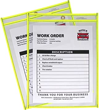 C-Line Neon Stitched Shop Ticket Holders, Yellow, Both Sides Clear, 9 x 12 Inches, 15 per Box (43916)