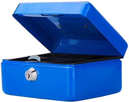 Small Cash Box with Key Lock, Decaller Portable Metal Money Box with Double Layer & 2 Keys for Security, Blue, 6 1/5" x 5" x 3", QH1502XS