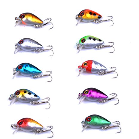 Aorace 10pcs/lot Mini Fishing Lures 10 Colors Fishing Bait 2.6cm/1.6g Fishing Tackle #10 High Carbon Steel Treble Hook