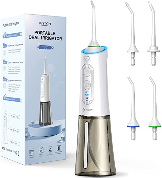 Water Flosser for Teeth, BESTOPE 250ML Portable Electric Water Flosser Cordless, IPX7 Waterproof, Oral Irrigator with DIY Mode and 4 Jet Tips for Travel & Home Use, USB Charged for 30 Days