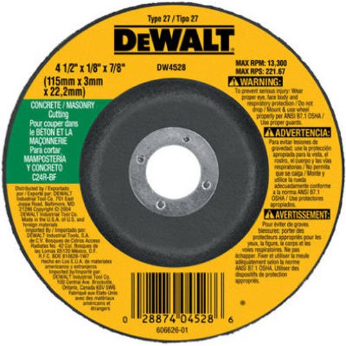 DEWALT DW4528 4-1/2-Inch by 1/8-Inch by 7/8-Inch Concrete/Masonry Cutting Wheel