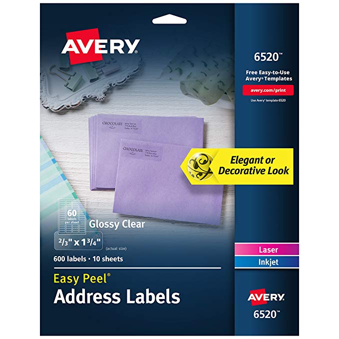 Avery Glossy Crystal Clear Return Address Labels for Laser & Inkjet Printers, 2/3" x 1-3/4" 600 Labels (6520)