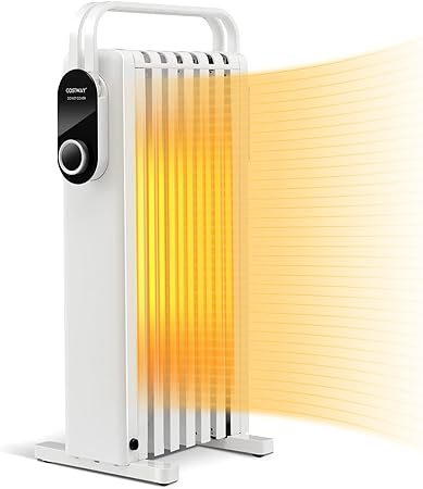 COSTWAY Oil Filled Radiator Heater 1500W, Electric Space Heater with Foldable Hanging Rack, 3 Heat Settings, Dual Safety Protection, Portable Oil Radiant Heater for Indoor Use Home Office (White)