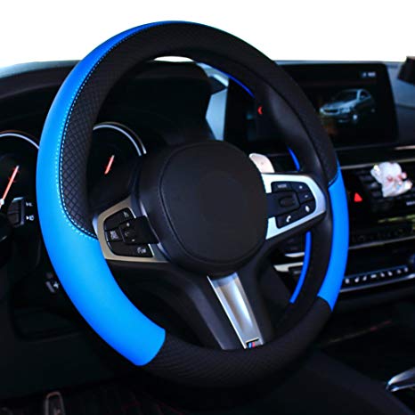 SHIAWASENA Car Steering Wheel Cover, Genuine Leather, Universal 15 Inch Fit, Anti-Slip & Odor-Free (Black&Blue)