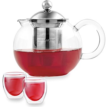 Andrew James Infusion Teapot Gift Set, 700ml Glass Teapot with Stainless Steel Loose Leaf Tea Infuser, Interchangeable Black or Stainless Steel Lid Handle and 2 x 50ml Double Walled Glass Tea Cups, Comes Gift Boxed