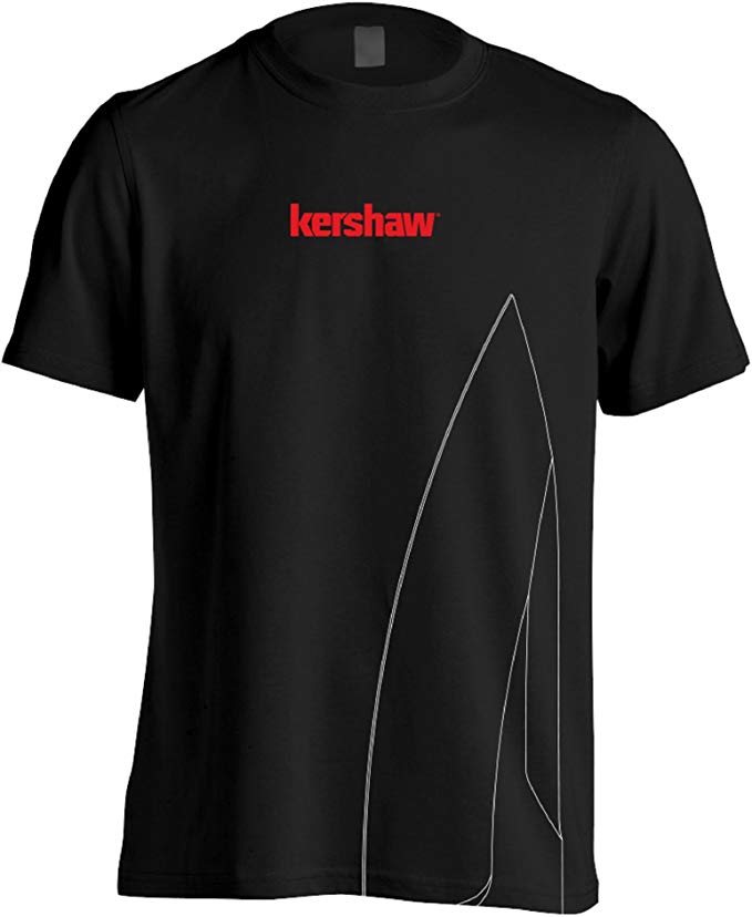 Kershaw Short Sleeve Black Tee Shirt with Large Knife Blade Silhouette and Red Kershaw Logo on Front; Taped Shoulders; Double Needle Stitching at Collar; Tag-Free Neck Label; 100% Preshrunk Cotton