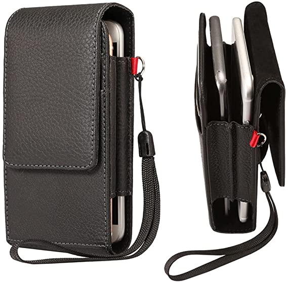 Vertical Faux Leather Dual Belt Clip Loops Holster Case Double Phone Pouch w/ Card Slots for iPhone 13 Pro Max, Galaxy Note 20, 10 Plus, 9, S10 Plus, OnePlus 9, 8T, Moto E, G Power Stylus 2020