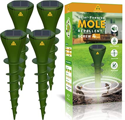 Mole Repellent Screw Solar Powered Outdoor Groundhog Deterrent Vibration Stakes Quiet Get Rid of Snake Vole Gopher Armadillo for Yard Lawns - No Noise Poison Kill Traps (Green 4pack)