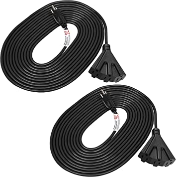 DEWENWILS 25FT Black Extension Cord, 16/3 SJTW Tri-Tap Power Cable, Weatherproof, Heavy Duty Extension Cord for Christmas Halloween Decoration Outdoor and Landscaping String Lights, ETL Listed, 2 Pack