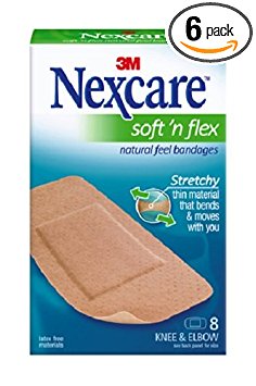 Nexcare Soft N Flex Natural Feel Bandages, Flexes and Conforms to Moving, Bending Body Parts, Non-Woven Backing, Thin, Velvety Feel, Knee and Elbow, 8-Count Packages (Pack of 6)
