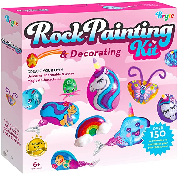 Rock Painting Kit for Kids with Unicorn Horns, Mermaid Tails and Butterfly Accessories - Includes Step-by-Step Rock Art Lessons for Girls and Boys All Ages - Arts and Crafts Paint Kits Gifts and Toys