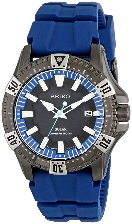 Seiko Men's SNE283 Gunmetal-Tone Stainless Steel Watch with Blue Polyurethane Band