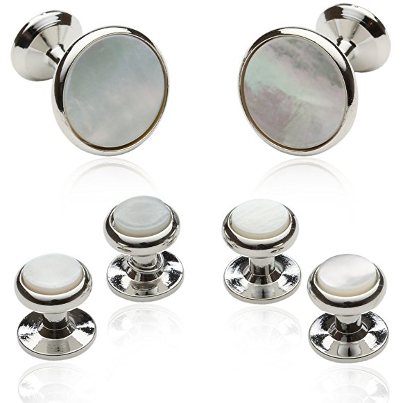 Mother of Pearl and Silver-tone Cufflinks and Studs Tuxedo Formal Set by Cuff-Daddy
