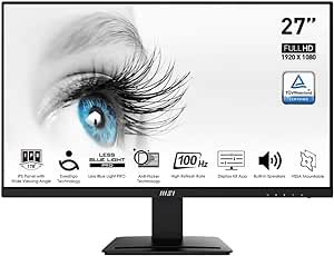 MSI Pro MP273A, 27", 1920 x 1080 (FHD), IPS, 100Hz, TUV Certified Eyesight Protection, 4ms, Displayport, HDMI, Tilt