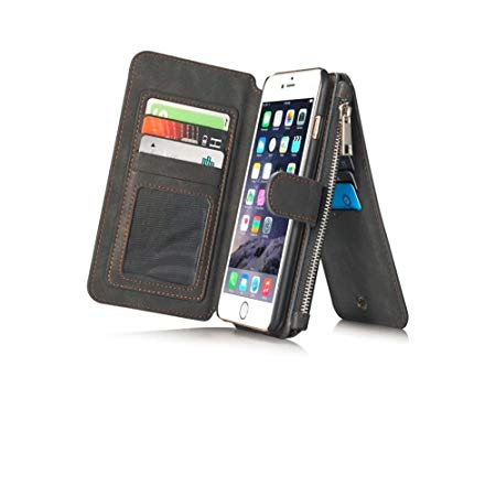 Felidio iPhone 6 Plus Wallet Case, Vintage Genuine Leather Case for iPhone 6s Plus/6Plus with Card Holder Zipper Pockets Magnetic Flip Cover [2 in 1] Black