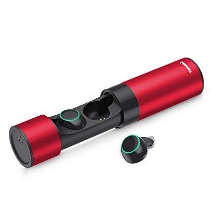 TOPINNO True Wireless Mini Earbuds, Bluetooth V5.0 Stereo Sound Waterproof Sport Headphones with Noise Cancelling Built-in Mic and Charging Case for iPhone and Android Smart Phones (Red)