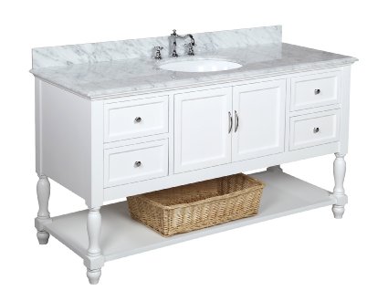 Kitchen Bath Collection KBC227WTCARR Beverly Single Sink Bathroom Vanity with Marble Countertop Cabinet with Soft Close Function and Undermount Ceramic Sink CarraraWhite 60
