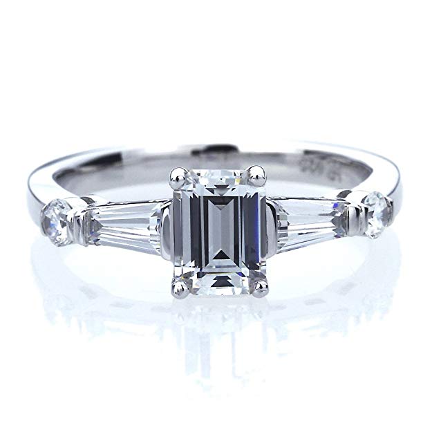 Double Accent Platinum Plated Sterling Silver 1ct Emerald Cut CZ with Baguette Wedding Engagement Ring (Size 5 to 9)