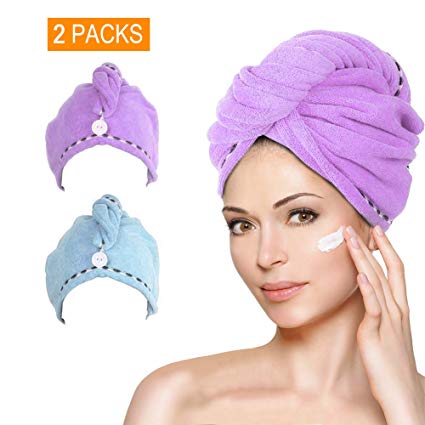 Microfiber Hair Towel Wrap Turban, AMoko Super Absorbent Anti-Frizz Turbie Twist Hair Drying Cap for Curly, Long & Thick Hair, 2 Pack (Blue/Purple)