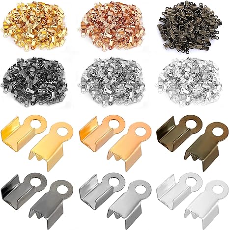 Yolev 1200Pieces Fold Over Clasp Cord Ends Terminators Crimp End Tips Leather Ribbon Ending Clasp Tips Jewelry Connector for Necklace Bracelet Jewelry Making