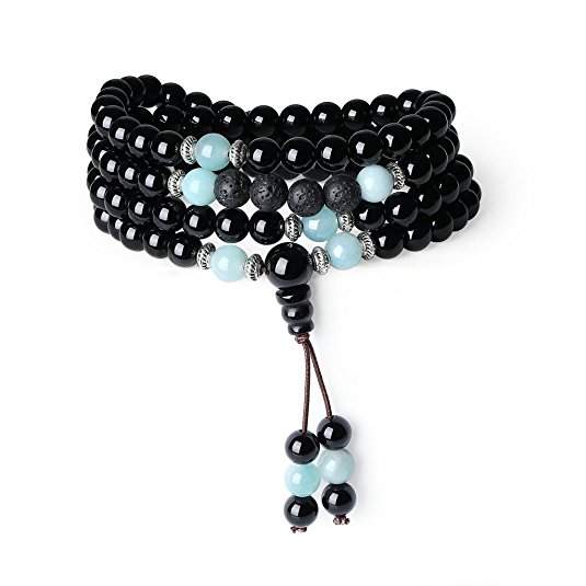 AmorWing 108 Beads Onyx Mala Bracelet Necklace with Lava Beads for Essential Oil