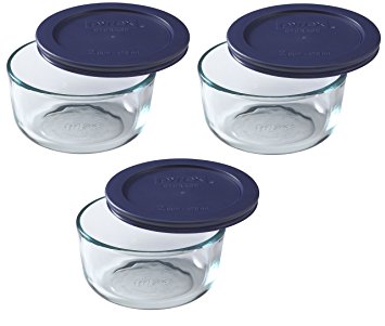 Pyrex Storage Round Dish with Dark Blue Plastic Cover, Clear (2-Cup pack of 3)