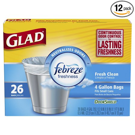 Glad OdorShield Small Trash Bags, Fresh Clean, 4 Gallon, 26 Count (Pack of 12)
