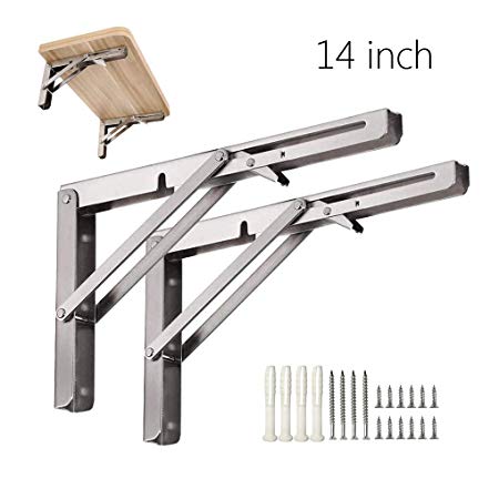 Joe’s Home 2 Pcs 14” Folding Shelf Brackets Heavy Duty Stainless Steel, Collapsible Foldable Shelf Bracket for Table Work Bench, Space Saving Wall Mounted Screws Included Max Load 330lb
