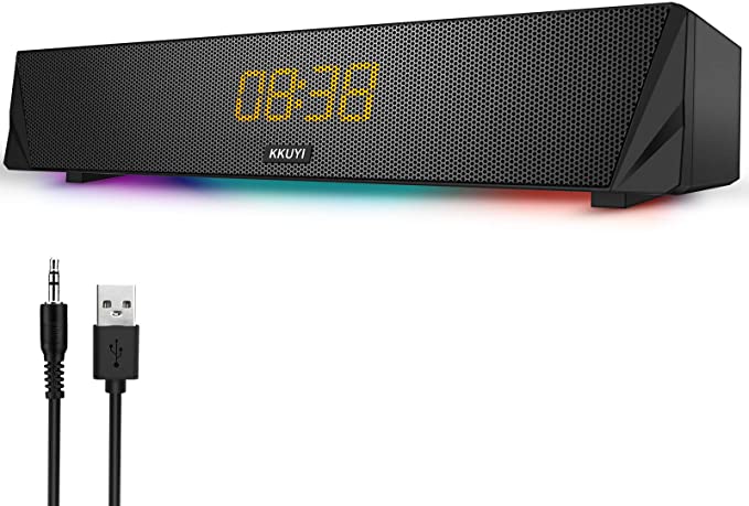 Sound Bar, KKUYI Gaming Computer Speaker with Colorful RGB Light, Dual Powerful 7W Drivers PC Soundbar, Wireless Bluetooth 5.0 or 3.5mm Aux-in Connection, Stereo Audio Computer Sound Bar