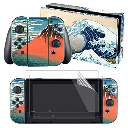 eXtremeRate The Great Wave Decals Stickers Full Set Faceplate Skin  2Pcs Screen Protector for Nintendo Switch Console & Joy-con Controller & Dock Protection Kit