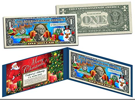 MERRY CHRISTMAS Colorized $1 Bill U.S. Legal Tender SANTA SNOWMAN Jingle Bucks