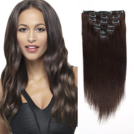 AmazingBeauty 8A Real Remy Human Hair Clip in Extensions Full Head Silky Straight 120g Color #2 Dark Brown 18 Inch for Fine Hair