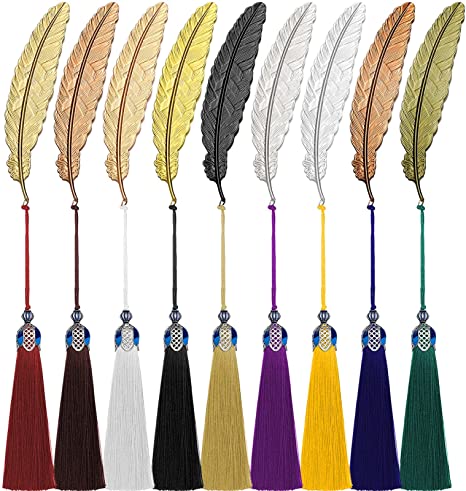 18 Pieces Metal Feather Bookmark Vintage Feather Book Markers Feather Shaped Reading Bookmark Assorted Colors Metal Page Markers with Tassels for Reader Student Teacher Writer