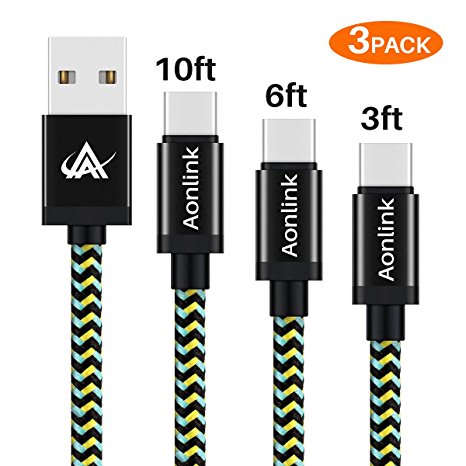 USB Type C Cable, Aonlink USB C Cable 3 Pack 3FT 6FT 1OFT Nylon Braided Fast Charging Cable for Galaxy S8,S8 Plus, Nexus 5X 6P, LG G6 V20 G5, MacBook, Nintendo Switch - Gold Black