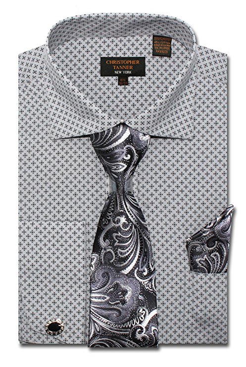 Christopher Tanner Men's Regular Fit Dress Shirts With Tie Hankerchief Cufflinks Combo Printed Fabric