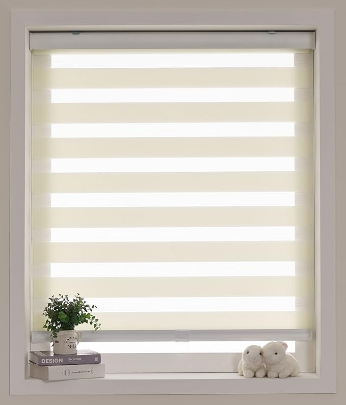 FOIRESOFT Cordless Custom Zebra Roller Shades and Blinds [Cordless Basic, Ivory, W 34 x H 48 inch] Dual Layer Sheer or Privacy Light Control, Day and Night Window Drapes, 24 to 70 inch Wide