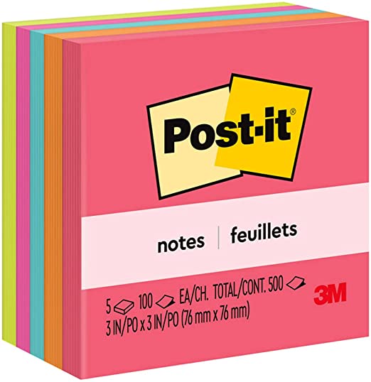 Post-it Notes, 3 in x 3 in, 5 Pads, America's #1 Favorite Sticky Notes, Cape Town Collection, Bright Colors (Magenta, Pink, Blue, Green), Clean Removal, Recyclable (654-5PK)