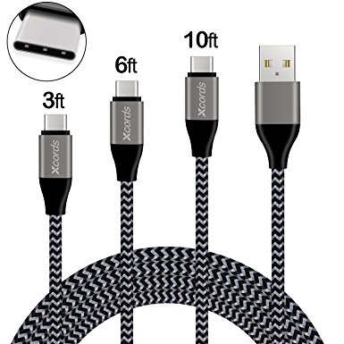 USB Type C Cable, Xcords USB C Cable 3Pack 3FT 6FT 10FT USB C to USB 2.0 Nylon Braided S8 Charger Cable for Galaxy S8, S8 Plus, LG G5 G6 V30, HTC 10, Nexus 5X/6P,Google Pixel XL(Black)