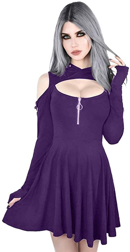 TIFENNY Women's Hooded Mini Dresses Fashion Cool Gothic Pure Color Hooded Low Cut Cold Shoulder Zippe Mini Dress Tops