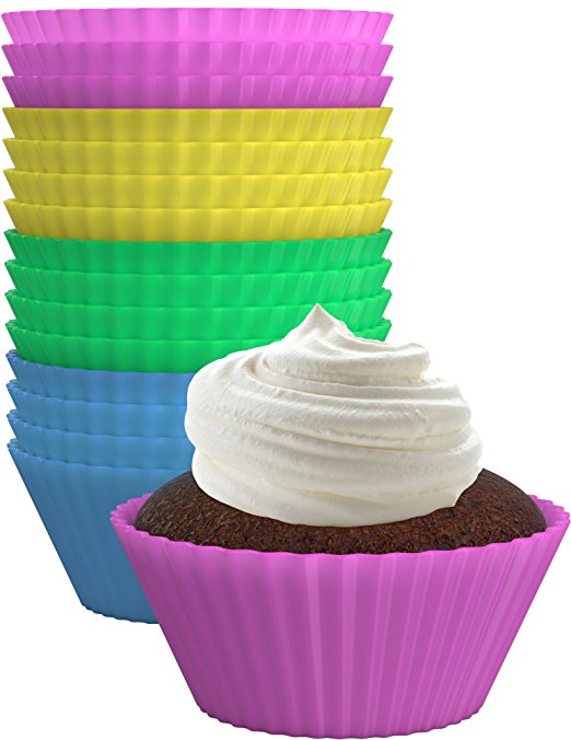 Vremi Silicone Baking Cups - Reusable Non Stick Cupcake Liners 24 Pack Set in Colorful Pink Yellow Green and Blue - Standard Oven Proof Nonstick Round Bake Molds for Birthday Cake or Morning Muffin