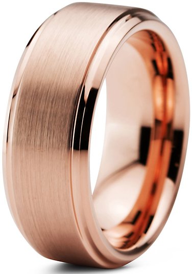 Tungsten Wedding Band Ring 8mm for Men Women Comfort Fit 18K Rose Gold Plated Beveled Edge Brushed Polished Lifetime Guarantee