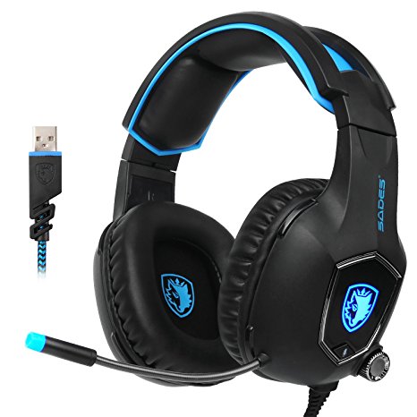 SADES R13 USB Gaming Headset Surround Stereo Wired Over Ear Gaming Headset with Mic Revolution Volume Control Noise Canceling LED Light for PC / MAC/Laptop