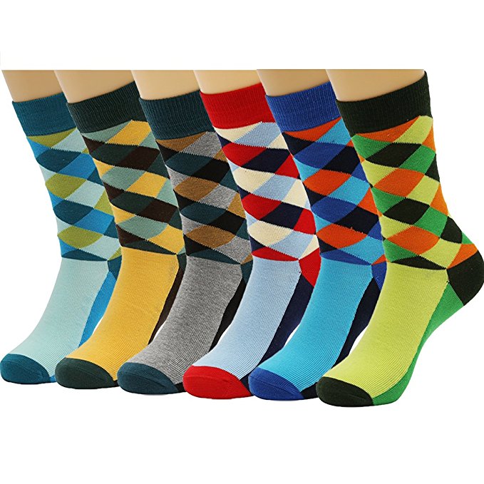 HSELL 6 Packs Men Colorful Dress Socks Warm Funny Color Argyle High Fun Sock,Multicoloured,One Size