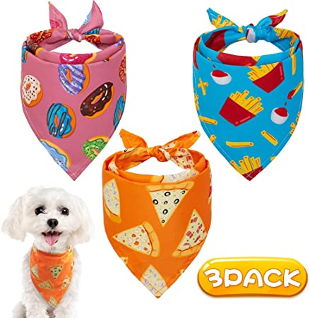 EXPAWLORER Cute Dog Bandana 3 Pack - Chip & Doughnuts & Pizza Pattern Cute Food Design - Soft Dog Triangle Scarfs for Pet Puppy Boys & Girls